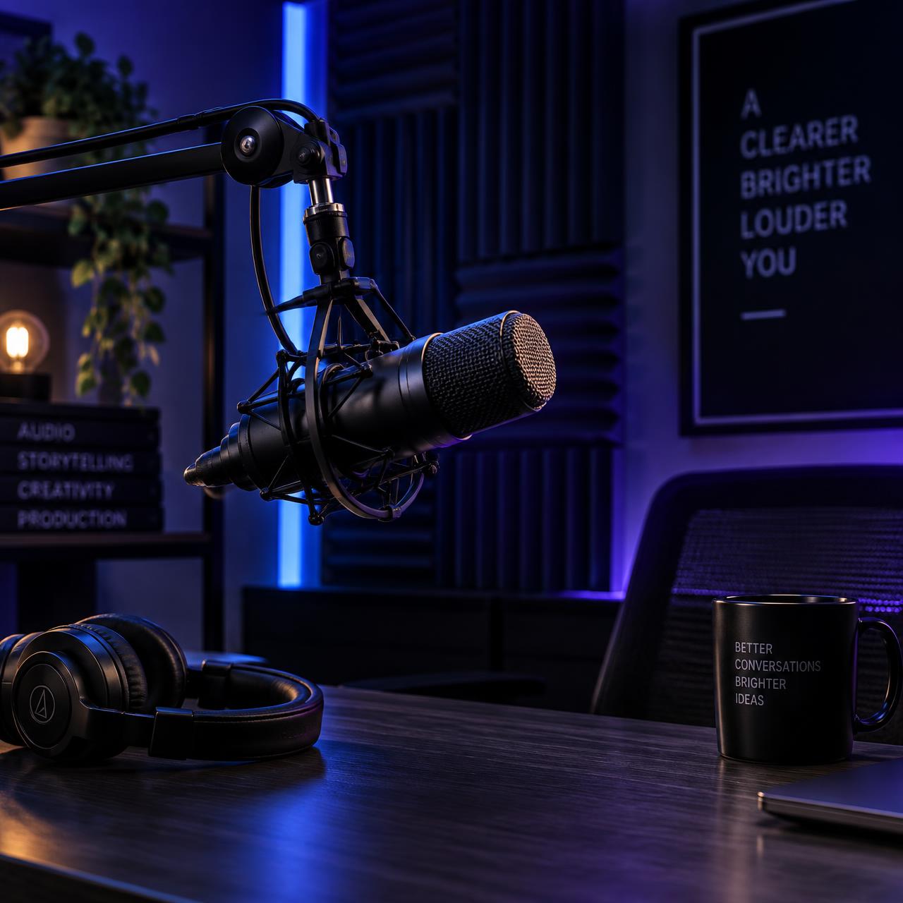 Traditional podcast studio with broadcast microphone